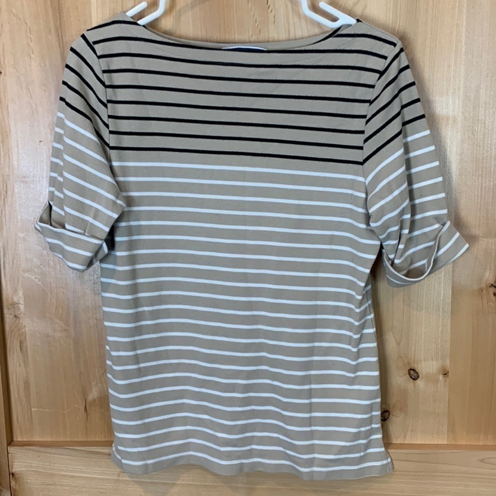 Karen Scott tan and white striped shirt with 3/4 length sleeve size medium